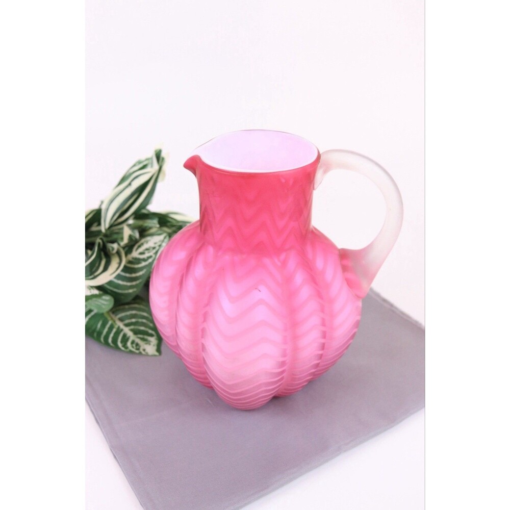 Mt Washington Pink Mother of Pearl Satin Glass Herringbone Pitcher 7.5 READ